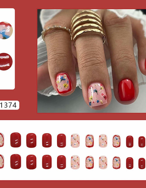 Load image into Gallery viewer, LYLYNB 24pcs Wine Red Floral Square False Nails Glossy Full Cover Set
