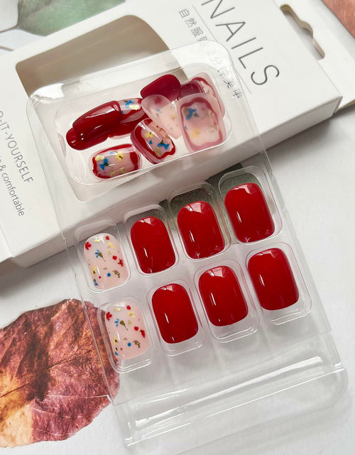 Load image into Gallery viewer, LYLYNB 24pcs Wine Red Floral Square False Nails Glossy Full Cover Set
