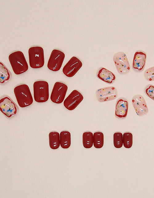Load image into Gallery viewer, LYLYNB 24pcs Wine Red Floral Square False Nails Glossy Full Cover Set
