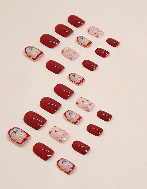 Load image into Gallery viewer, LYLYNB 24pcs Wine Red Floral Square False Nails Glossy Full Cover Set
