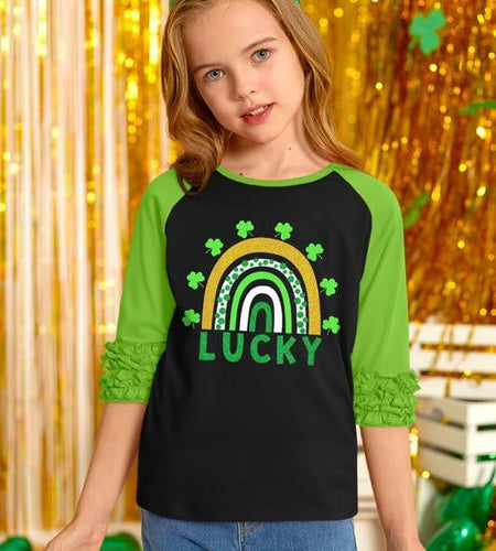 BesserBay Kids St. Patrick's Lucky Rainbow Shamrock Ruffle Shirt Size 1-2 Years