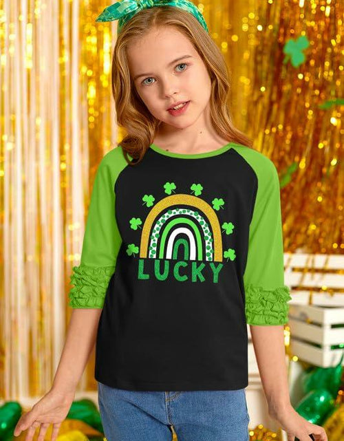 Load image into Gallery viewer, BesserBay Kids St. Patrick's Lucky Rainbow Shamrock Ruffle Shirt Size 1-2 Years
