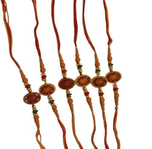 Load image into Gallery viewer, Rakhi Set of 6 Ganpati Thread Bracelets for Brother Bhai Raksha Bandhan RED
