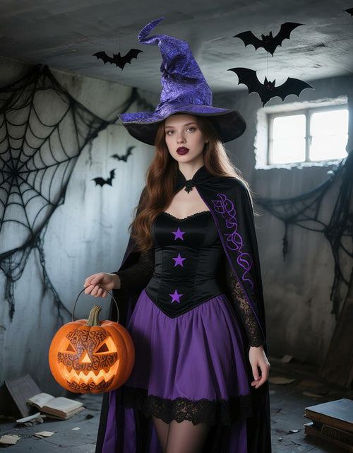 Load image into Gallery viewer, RENEMEGO Purple Witch Hat Ruched Halloween Costume Adult Cosplay LARP
