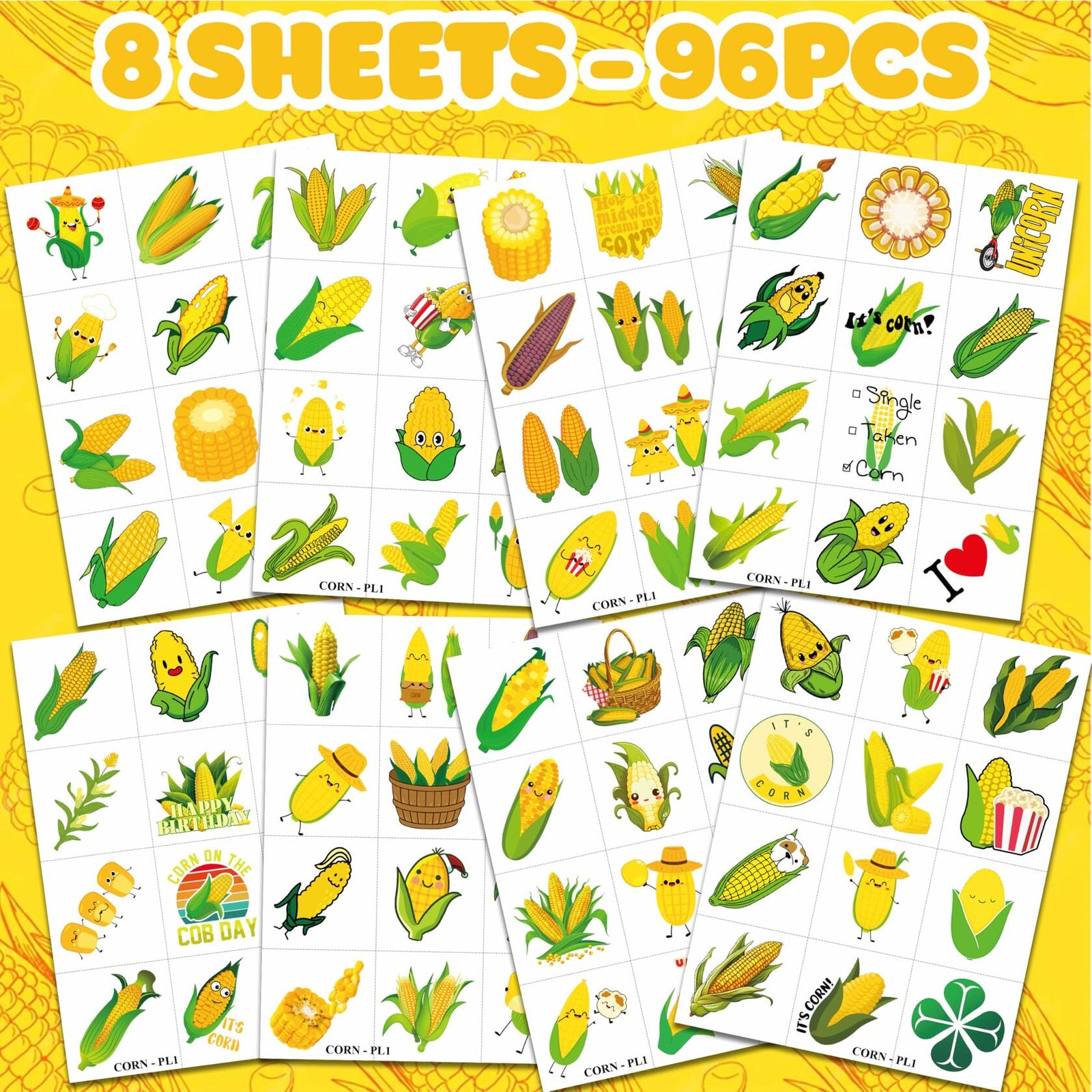 96pcs Corn on the Cob Temporary Tattoos Party Favors Kids Classroom Prizes