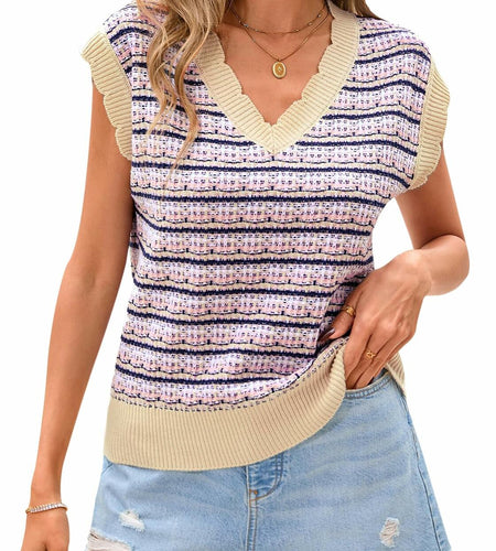 CFLONGE Women Sleeveless Striped Sweater Vest Cropped Knit Tank Top Pink XL