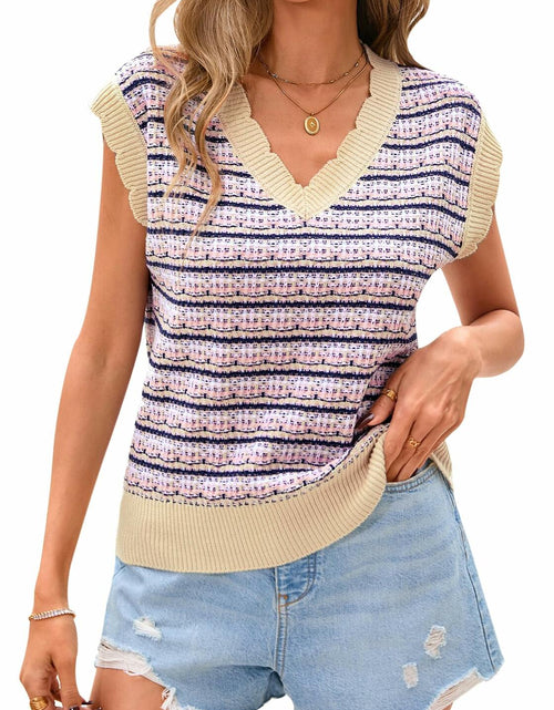 Load image into Gallery viewer, CFLONGE Women Sleeveless Striped Sweater Vest Cropped Knit Tank Top Pink XL
