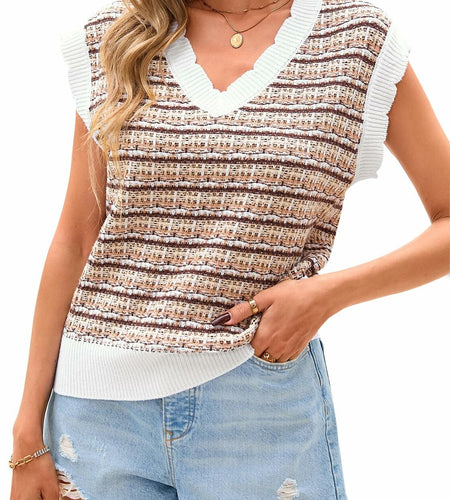 CFLONGE Women's Striped Crochet Knit Sweater Vest Khaki Size Large