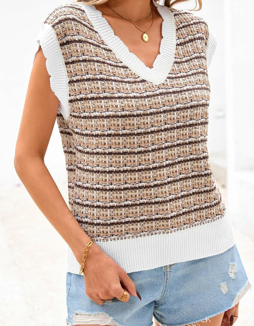 Load image into Gallery viewer, CFLONGE Women's Striped Crochet Knit Sweater Vest Khaki Size Large
