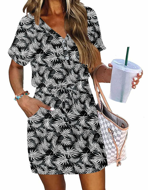 Load image into Gallery viewer, AUSELILY Women V Neck Summer Swing Dress Short Sleeve Pockets Leaf 2XL
