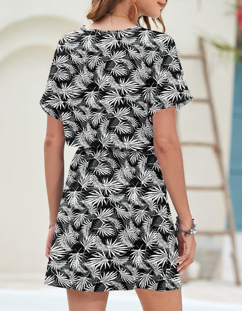 Load image into Gallery viewer, AUSELILY Women V Neck Summer Swing Dress Short Sleeve Pockets Leaf 2XL
