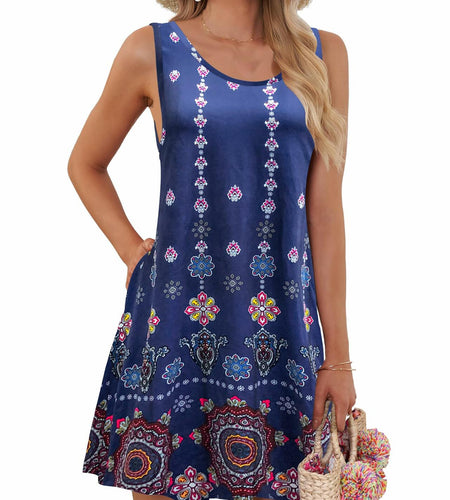 AUSELILY Women Sleeveless Floral Mini Dress Boho Pockets Red XL