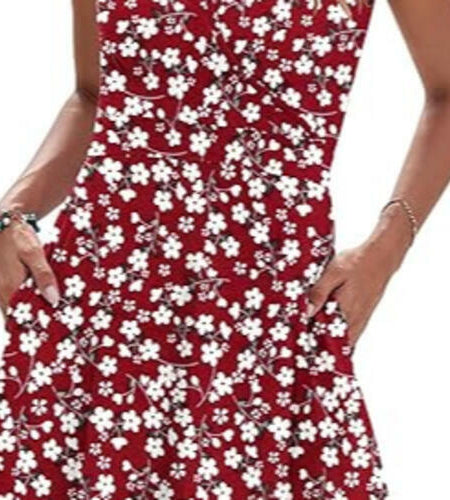 AUSELILY Women Sleeveless Floral Mini Dress Boho Pockets Red XL