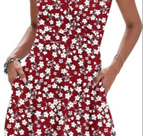 Load image into Gallery viewer, AUSELILY Women Sleeveless Floral Mini Dress Boho Pockets Red XL

