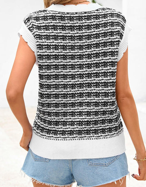 Load image into Gallery viewer, CFLONGE Women Sleeveless Striped Sweater Vest Cropped Knit Black White XXL

