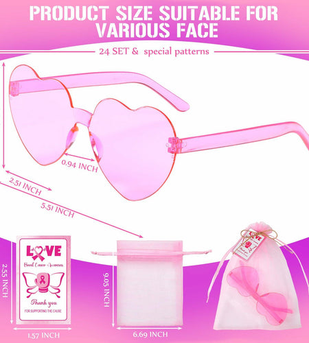Tellegloww 24pcs Pink Heart Sunglasses Breast Cancer Awareness Gifts