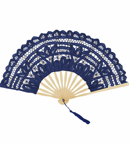 TopTie Dark Blue Lace Folding Fan Bamboo Hand Fan with Tassel