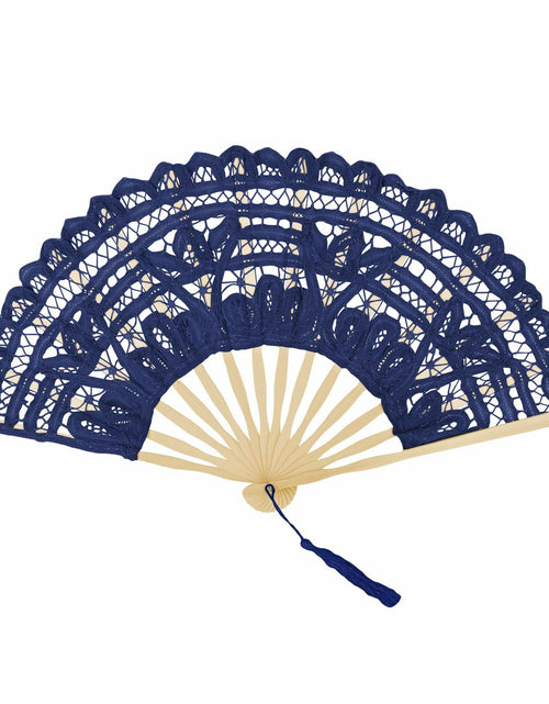 Load image into Gallery viewer, TopTie Dark Blue Lace Folding Fan Bamboo Hand Fan with Tassel
