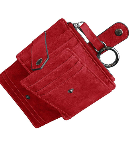 AOXONEL RFID Leather Keychain Wallet Credit Card Holder Coin Purse Red
