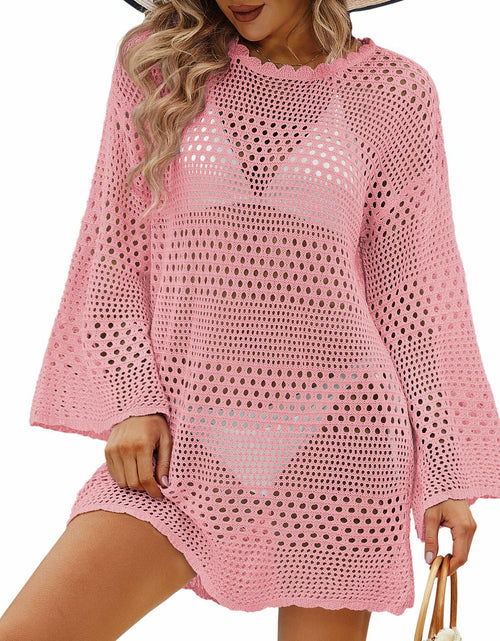 Load image into Gallery viewer, Women Crochet Bikini Cover Up Knitted Beach Swimsuit Dress Pink S
