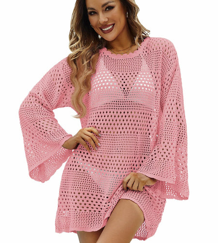 Women Crochet Bikini Cover Up Knitted Beach Swimsuit Dress Pink S