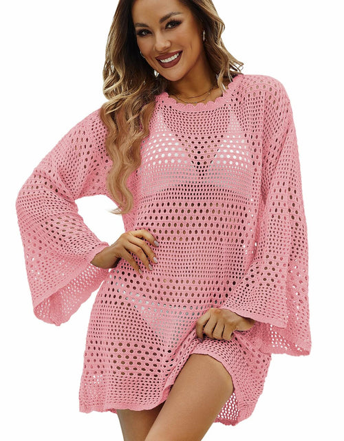 Load image into Gallery viewer, Women Crochet Bikini Cover Up Knitted Beach Swimsuit Dress Pink S
