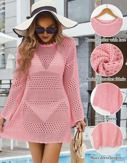 Load image into Gallery viewer, Women Crochet Bikini Cover Up Knitted Beach Swimsuit Dress Pink S
