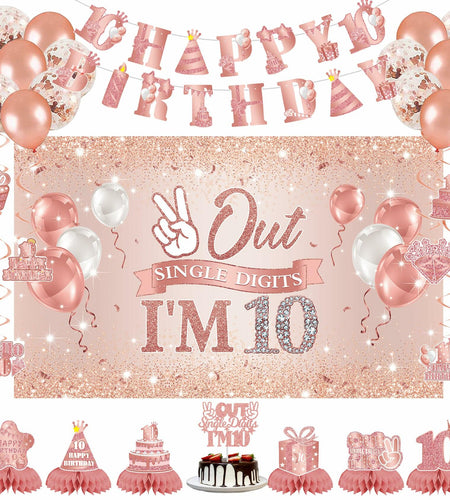 Holkcog Happy 10th Birthday Decorations Girl Rose Gold Banner Party Supplies