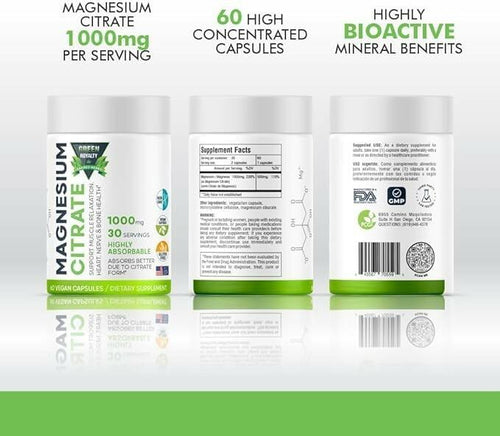 Load image into Gallery viewer, GREEN ROYALTY Magnesium Citrate 1000mg 60 Vegan Capsules Gluten Free USA
