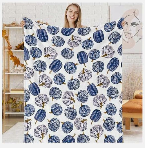 Load image into Gallery viewer, JarThenaAMCS Fall Fuzzy Chinoiserie Pumpkin Throw Blanket 50x60 Inch
