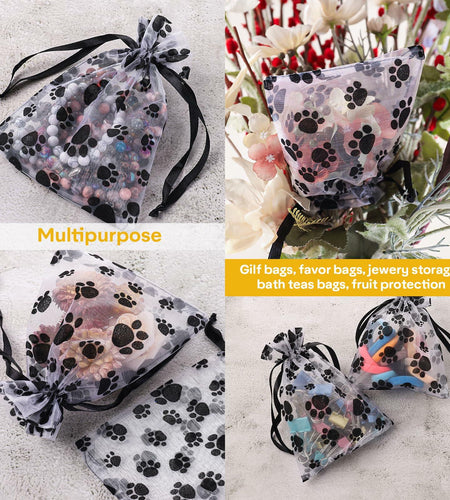 SHYRABBIT Paw Print Organza Drawstring Bags 8x12in White 10pcs