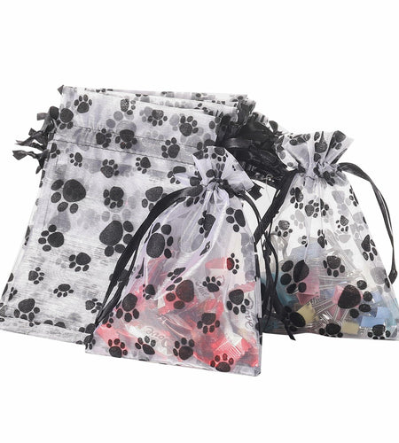 SHYRABBIT Paw Print Organza Drawstring Bags 8x12in White 10pcs