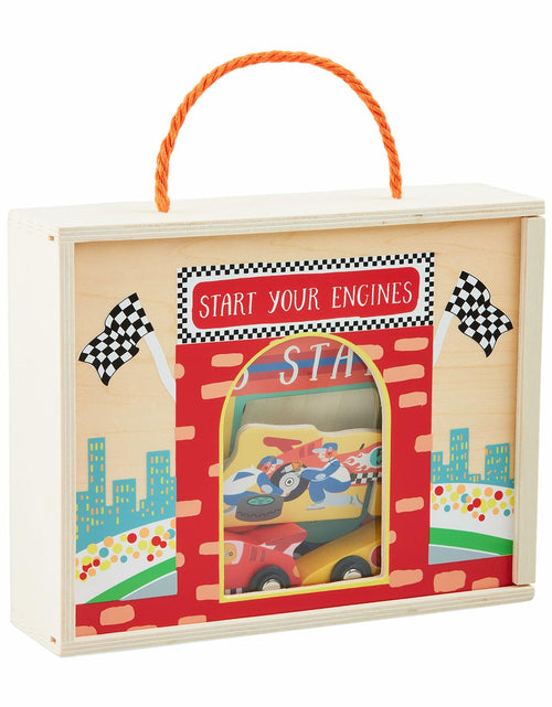 Load image into Gallery viewer, Mud Pie Children Wood Racecar Boxed Set 3.5lbs Toy Gift
