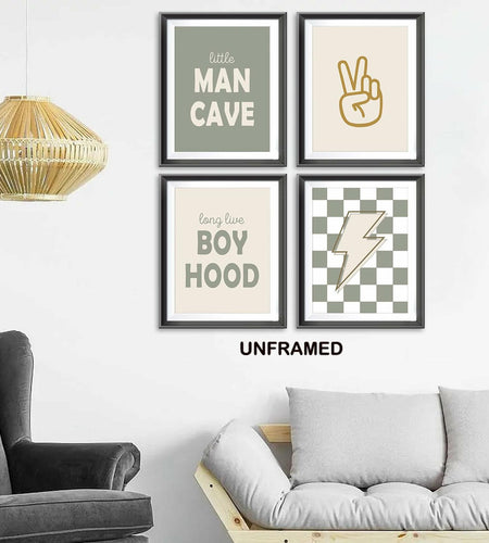 AEHIE Little Man Cave Retro Checkered Lightning Peace Sign 8x10in 4pcs Green