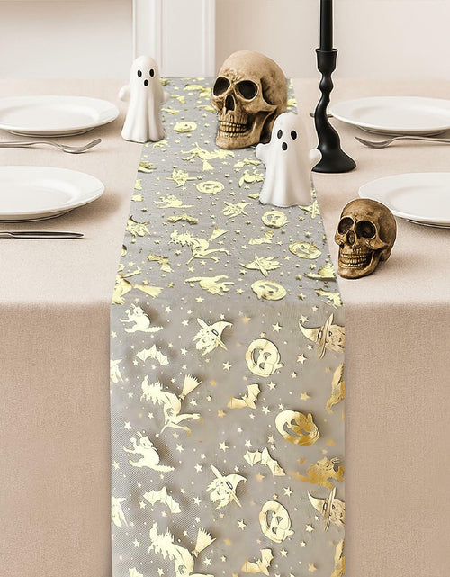 Load image into Gallery viewer, Sioloc Halloween Table Runner Gold Foil Witch Bat Pumpkin Sheer Polyester
