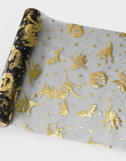 Load image into Gallery viewer, Sioloc Halloween Table Runner Gold Foil Witch Bat Pumpkin Sheer Polyester
