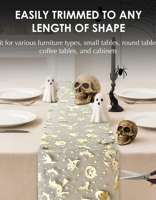 Load image into Gallery viewer, Sioloc Halloween Table Runner Gold Foil Witch Bat Pumpkin Sheer Polyester
