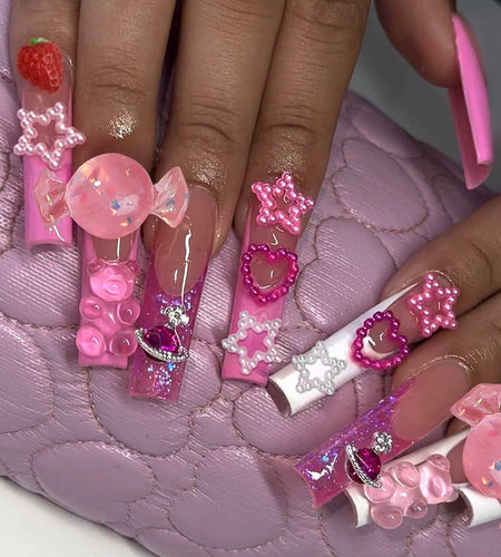 YEFIUO Pink Press On Nails 24 Pcs Long Square Full Cover Acrylic Set