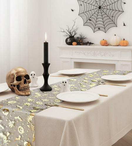 Sioloc Halloween Table Runner Gold Foil Witch Bat Pumpkin Sheer Polyester