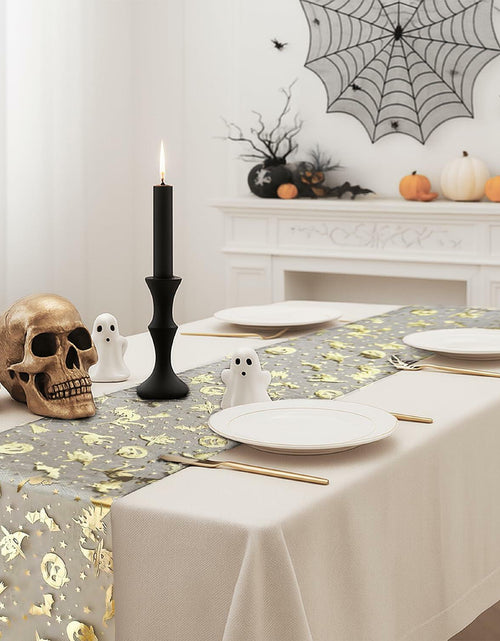 Load image into Gallery viewer, Sioloc Halloween Table Runner Gold Foil Witch Bat Pumpkin Sheer Polyester
