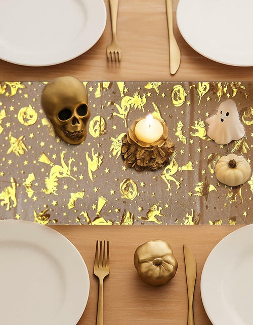 Load image into Gallery viewer, Sioloc Halloween Table Runner Gold Foil Witch Bat Pumpkin Sheer Polyester

