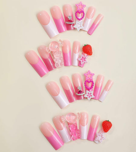 YEFIUO Pink Press On Nails 24 Pcs Long Square Full Cover Acrylic Set