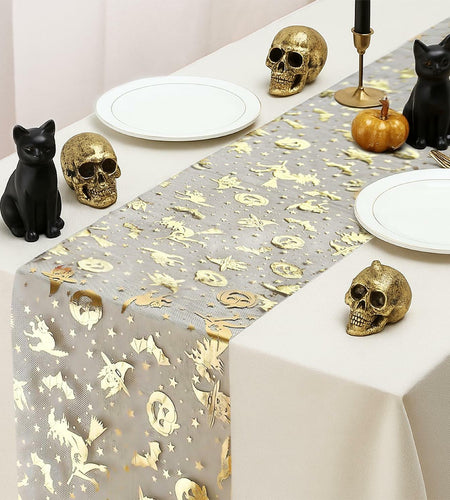 Sioloc Halloween Table Runner Gold Foil Witch Bat Pumpkin Sheer Polyester