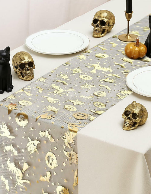 Load image into Gallery viewer, Sioloc Halloween Table Runner Gold Foil Witch Bat Pumpkin Sheer Polyester

