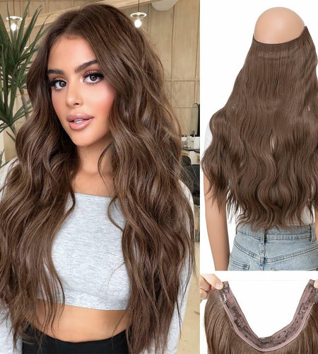 challeam Invisible Transparent Wire Hair Extensions Wavy Curly Long Synthetic