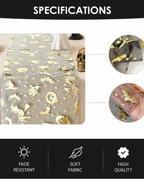Load image into Gallery viewer, Sioloc Halloween Table Runner Gold Foil Witch Bat Pumpkin Sheer Polyester
