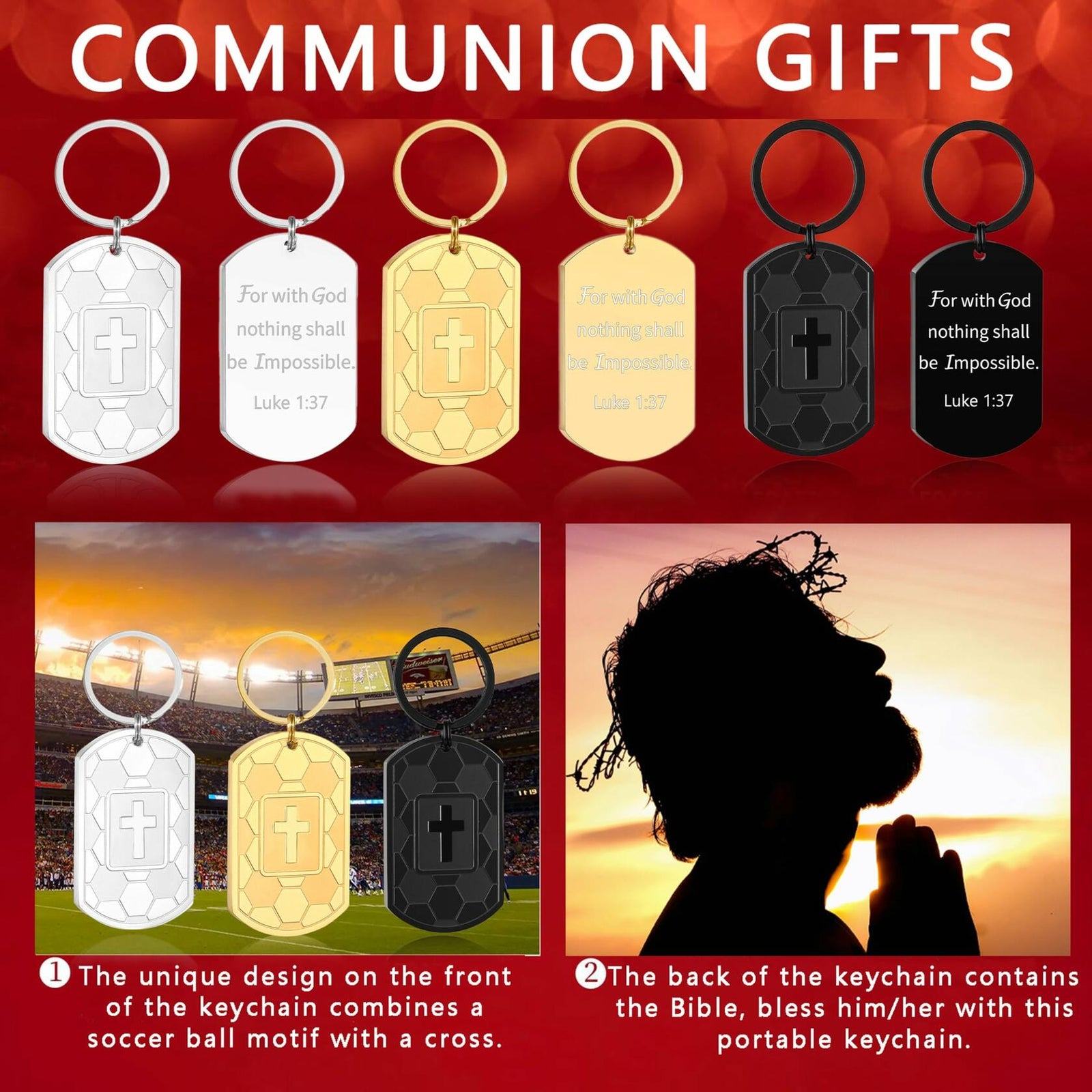 Miss Chipmunk Football Bible Verse Keychain Luke 1:37 Black Stainless Steel