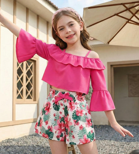 YOURUIKEY Girls Summer Halter Crop Top Floral Shorts Set Rose Red 11-12
