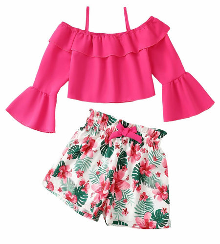 YOURUIKEY Girls Summer Halter Crop Top Floral Shorts Set Rose Red 11-12