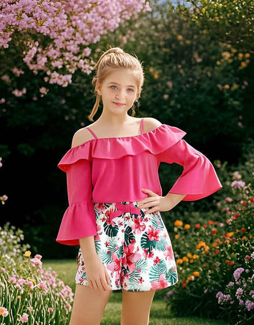 Load image into Gallery viewer, YOURUIKEY Girls Summer Halter Crop Top Floral Shorts Set Rose Red 11-12
